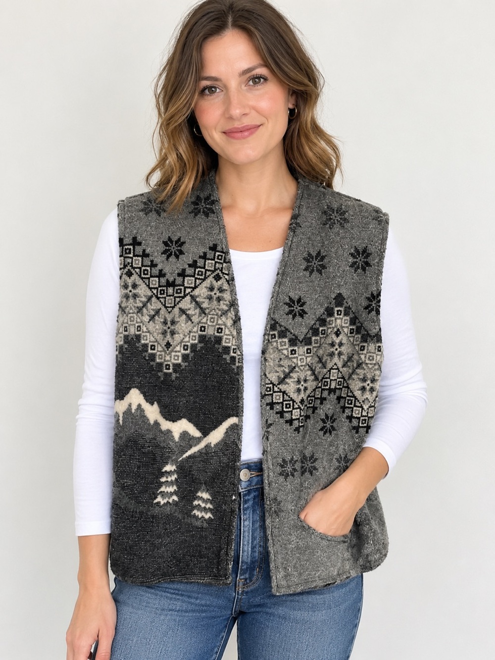 Vintage Fleece One Size Vest With Winter Wolf Moon Scene On Back